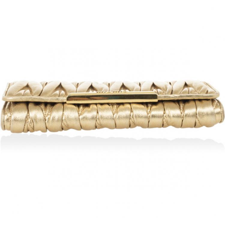 Pre Owned Miu Miu Gold Matelasse Leather Wallet