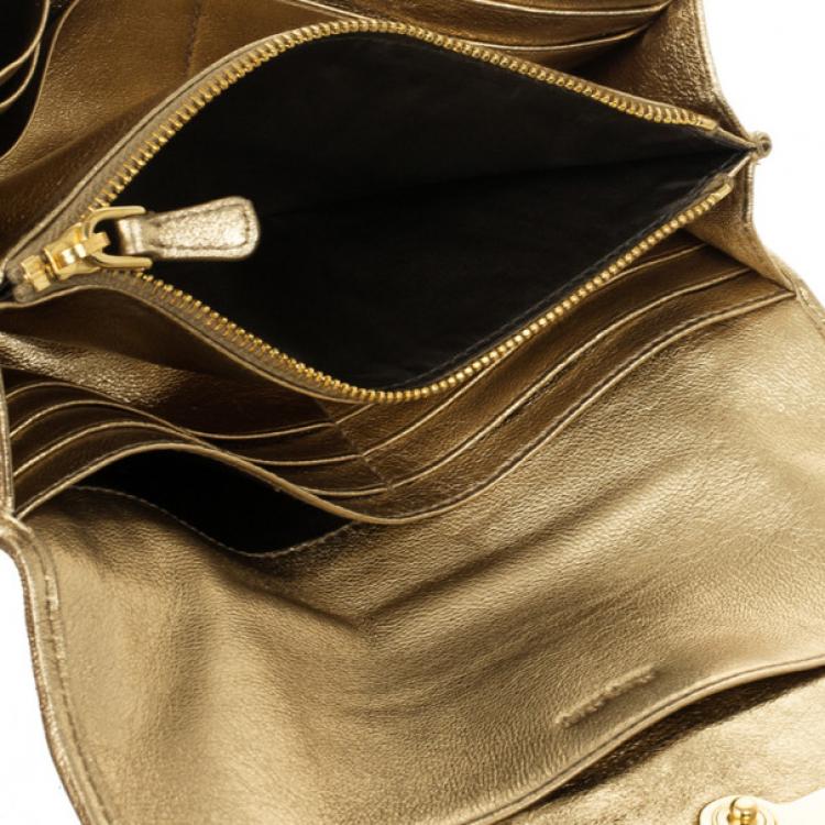 Pre Owned Miu Miu Gold Matelasse Leather Wallet