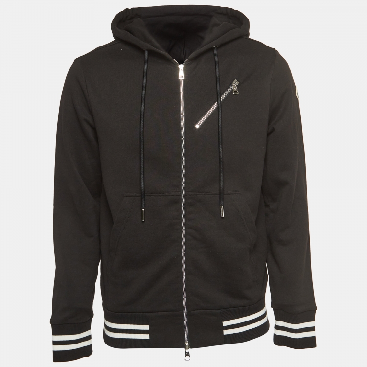 Pre Owned Moncler Black Logo Applique Cotton Zip-Up Hoodie S