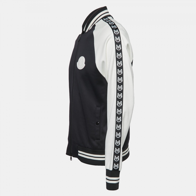 Pre Owned Moncler Black & White Jersey Logo Stripe Detail Bomber Jacket L