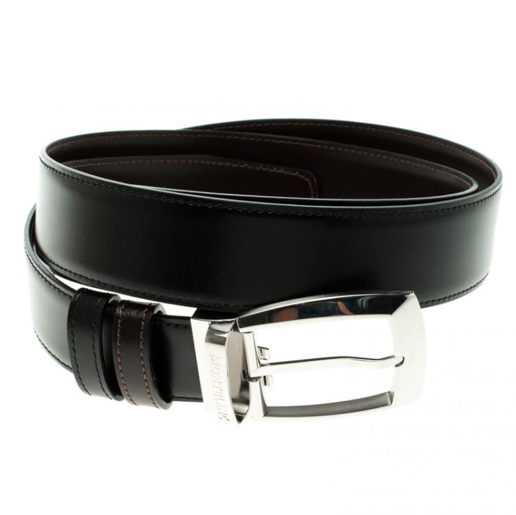 Pre Owned Montblanc Black/Brown Leather Reversible Buckle Belt 90 CM