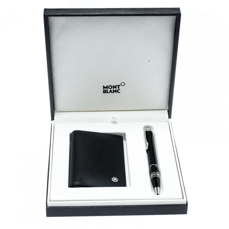 Pre Owned Montblanc Black StarWalker Resin Silver Tone Ballpoint Pen & Westside Business Card Holder Set 