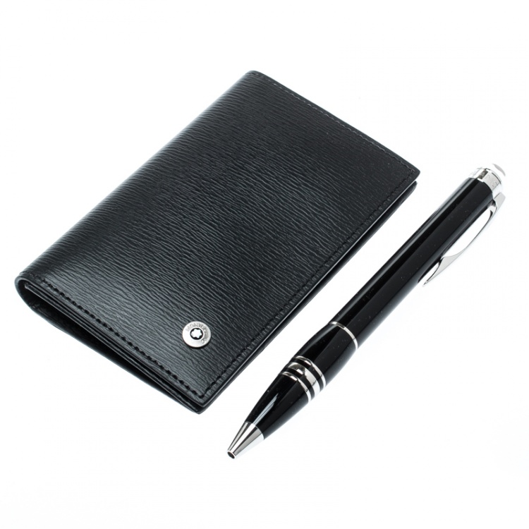 Pre Owned Montblanc Black StarWalker Resin Silver Tone Ballpoint Pen & Westside Business Card Holder Set 