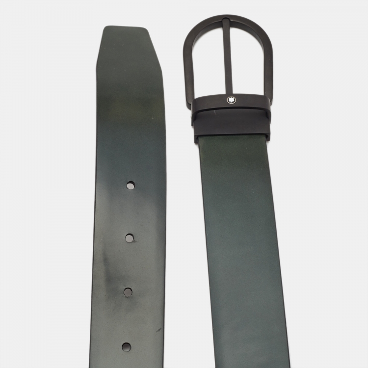 Pre Owned Montblanc Green/Black Leather Cut to Size Reversible Buckle Belt 