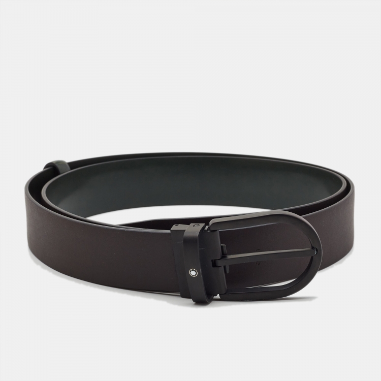 Pre Owned Montblanc Green/Black Leather Cut to Size Reversible Buckle Belt 