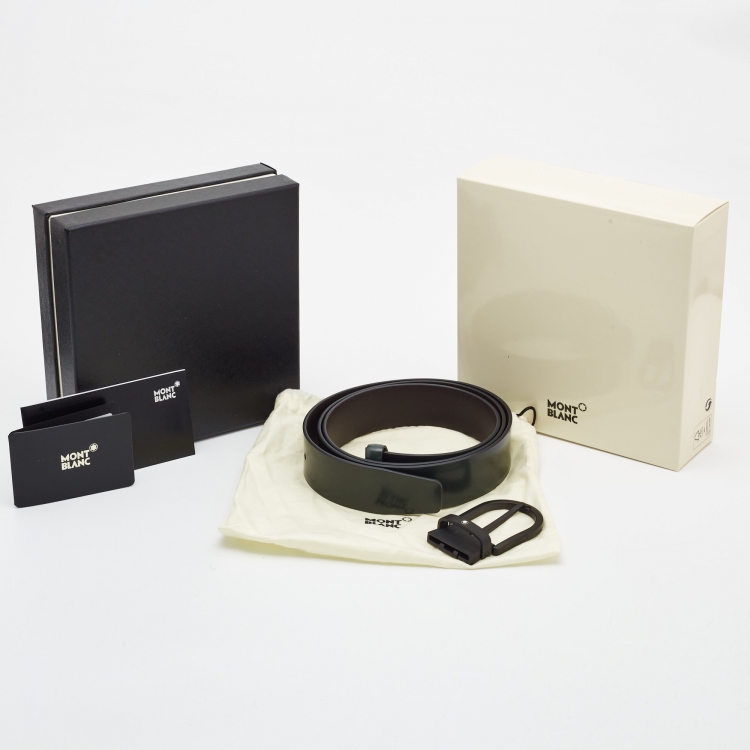 Pre Owned Montblanc Green/Black Leather Cut to Size Reversible Buckle Belt 