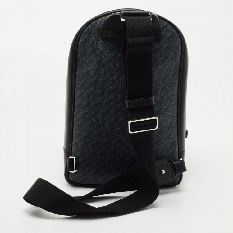 Pre Owned Montblanc Navy Blue/Black Monogram Canvas and Leather Small Sling Backpack