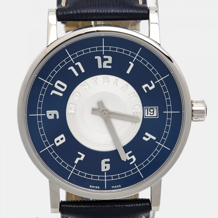 Pre Owned Montblanc Blue Stainless Steel Leather Summit M29048 Men's Wristwatch 38 mm