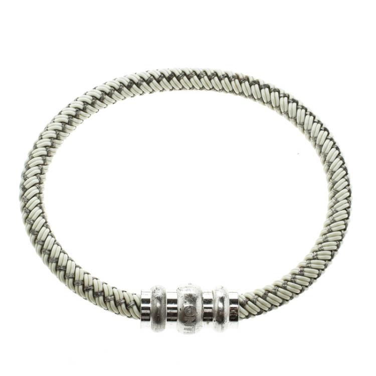 Pre Owned Montblanc White Rubber Silver Tone Woven Magnetic Bracelet