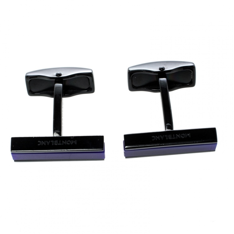 Pre Owned Montblanc Blue Glass Inlay Black PVD Finish Bar Cufflinks