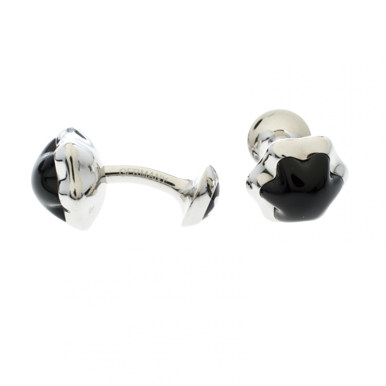 Pre Owned Montblanc Onyx Inlay Stainless Steel Star Cufflinks