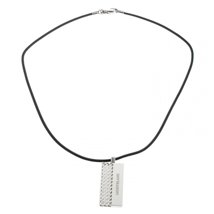 Pre Owned Montblanc Graphic Tag Steel Pendant & Leather Cord Neckpiece