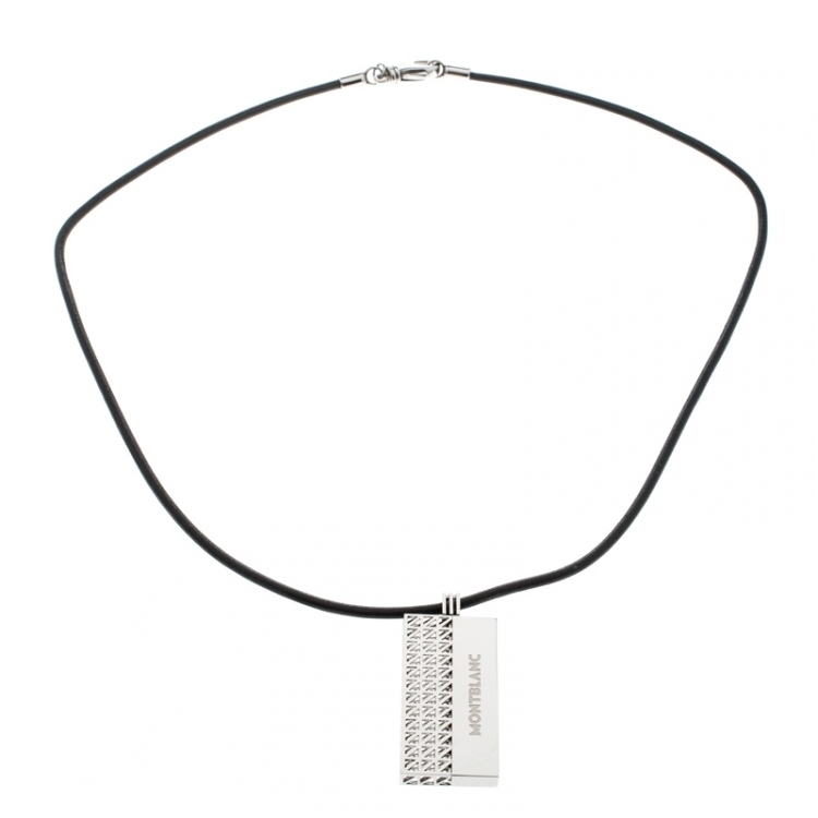 Pre Owned Montblanc Graphic Tag Steel Pendant & Leather Cord Neckpiece