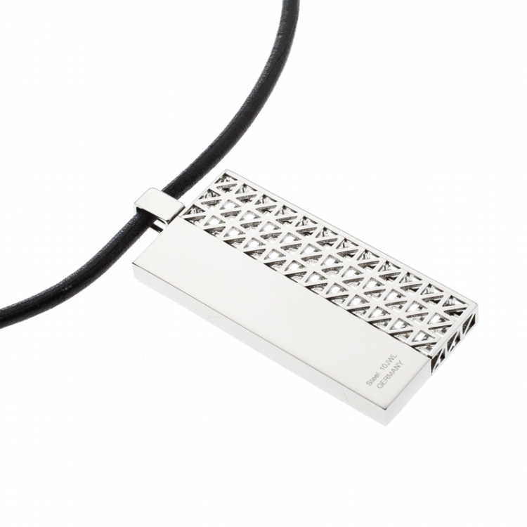 Pre Owned Montblanc Graphic Tag Steel Pendant & Leather Cord Neckpiece