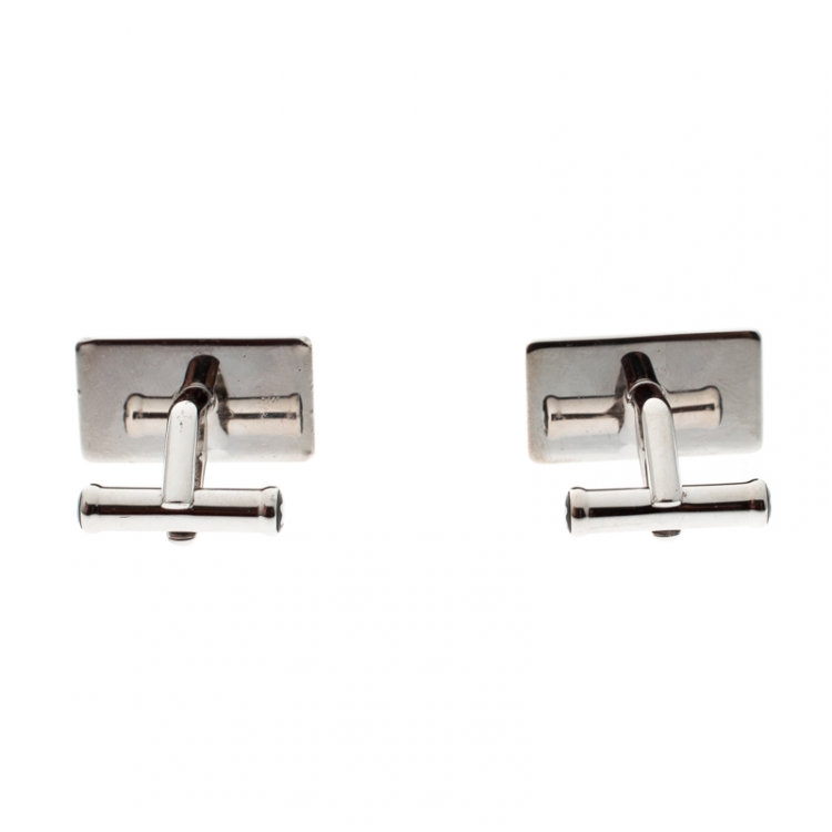 Pre Owned Montblanc Black Leather Silver Rectangular Cufflinks