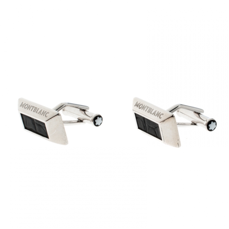 Pre Owned Montblanc Black Leather Silver Rectangular Cufflinks