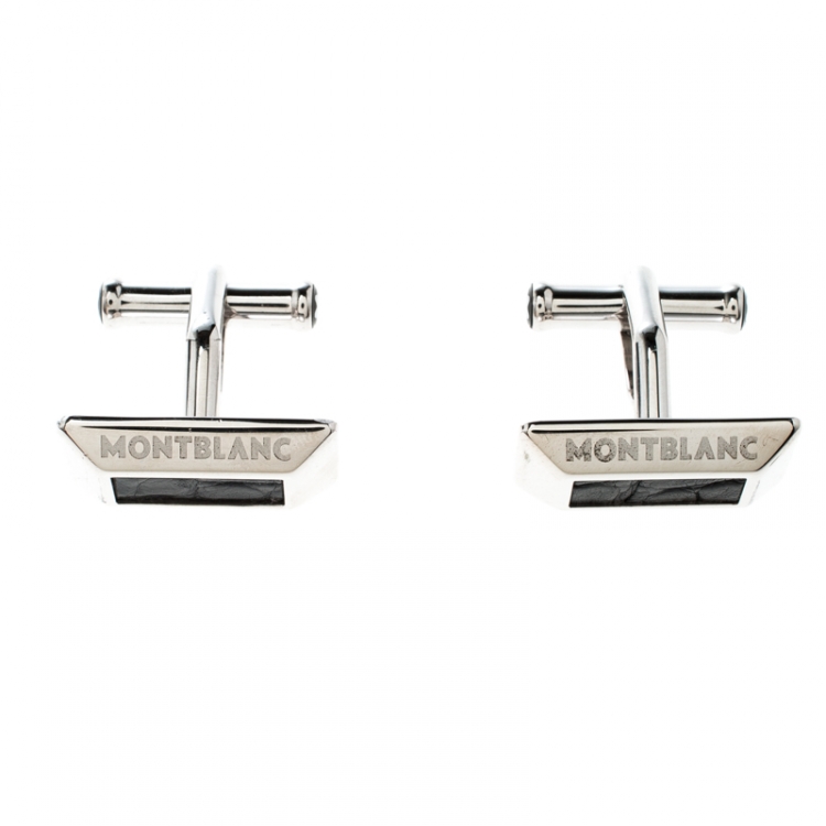 Pre Owned Montblanc Black Leather Silver Rectangular Cufflinks