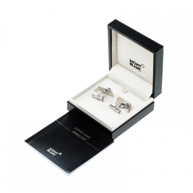 Pre Owned Montblanc Black Leather Silver Rectangular Cufflinks