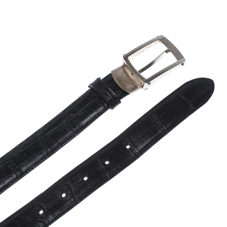 Pre Owned Montblanc Black Crocodile Embossed Leather Buckle Belt 110CM