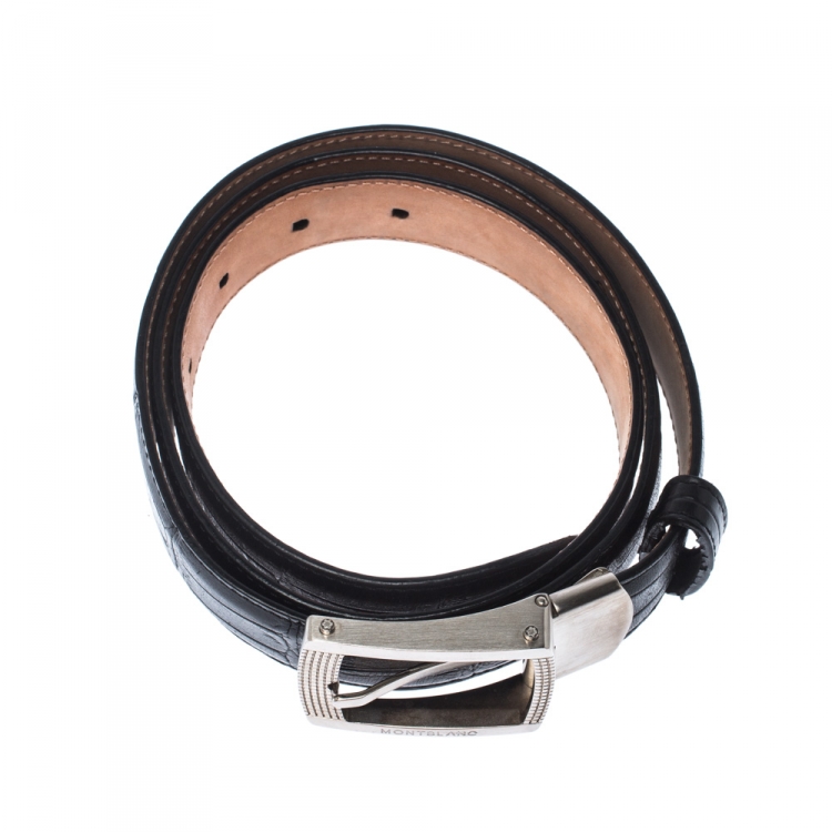 Pre Owned Montblanc Black Crocodile Embossed Leather Buckle Belt 110CM