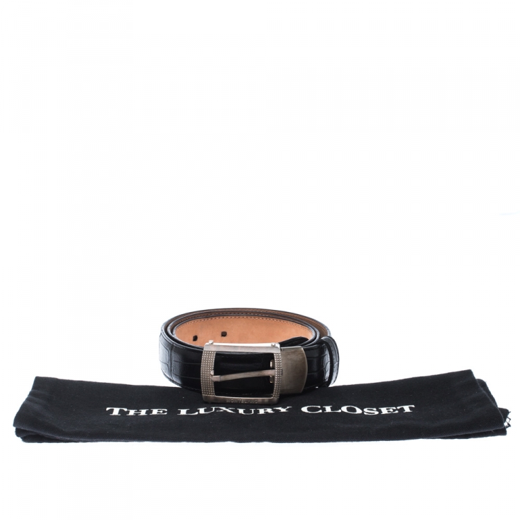 Pre Owned Montblanc Black Crocodile Embossed Leather Buckle Belt 110CM