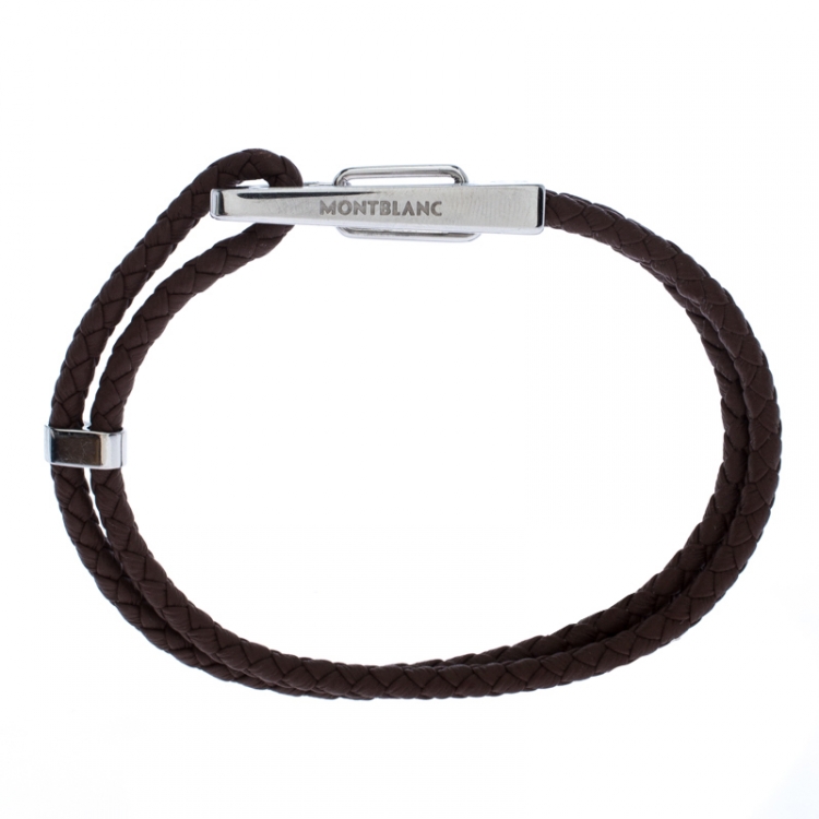 Pre Owned Montblanc Brown Woven Leather Steel Carabiner Closure Bracelet
