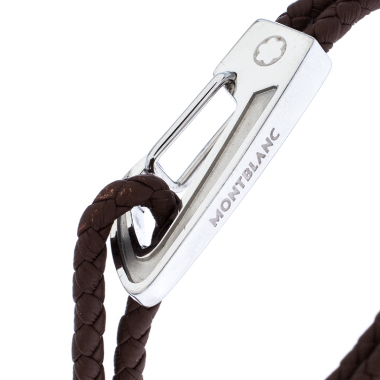 Pre Owned Montblanc Brown Woven Leather Steel Carabiner Closure Bracelet