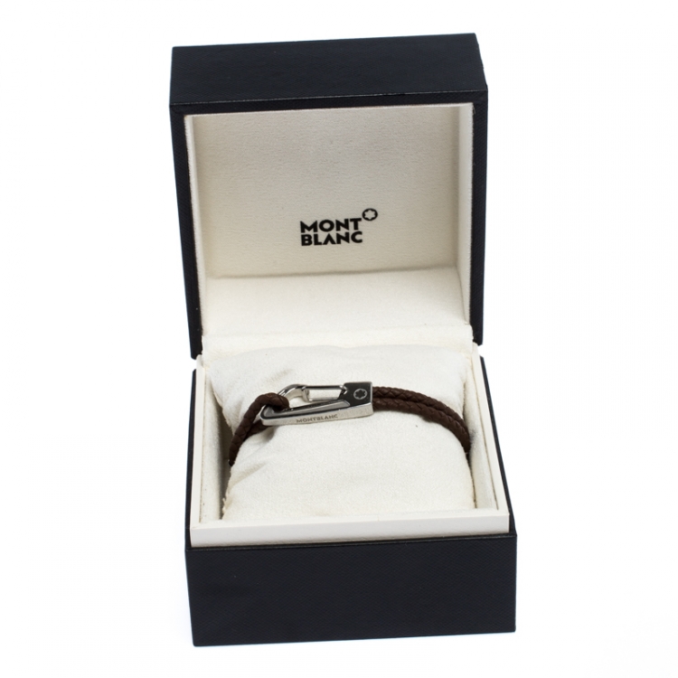 Pre Owned Montblanc Brown Woven Leather Steel Carabiner Closure Bracelet