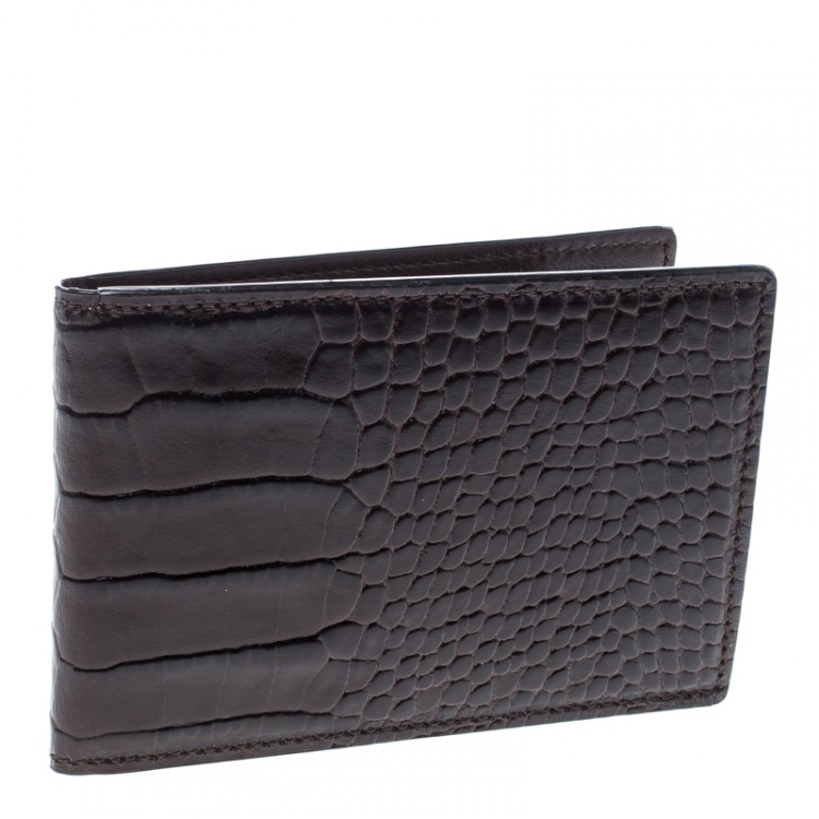 Pre Owned Montblanc Dark Brown Croc Embossed Leather Card Holder