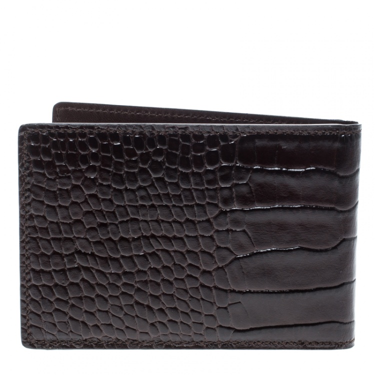 Pre Owned Montblanc Dark Brown Croc Embossed Leather Card Holder