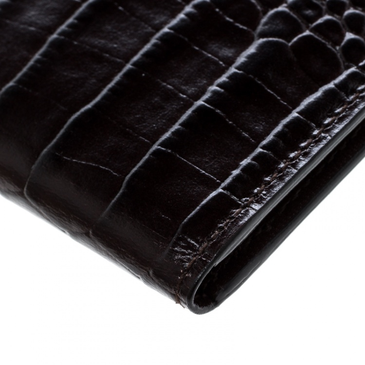 Pre Owned Montblanc Dark Brown Croc Embossed Leather Card Holder