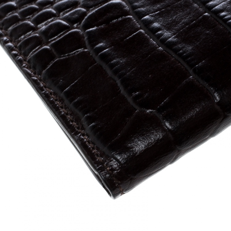 Pre Owned Montblanc Dark Brown Croc Embossed Leather Card Holder