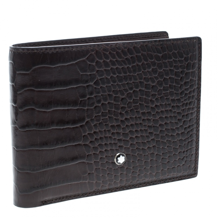Pre Owned Montblanc Dark Brown Croc Embossed Leather Miesterstuck Bifold Wallet