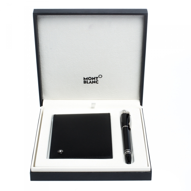 Pre Owned Montblanc Black Leather West Side Bifold Wallet and Montblanc Skywalker Pen Set