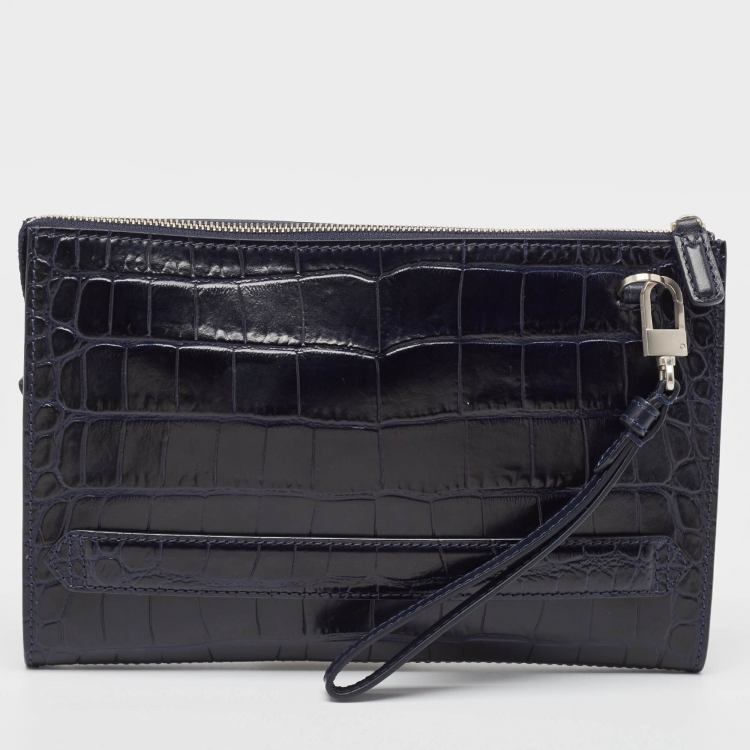 Pre Owned Montblanc Navy Blue Croc Embossed Leather Meisterstuck Zip Wristlet Pouch