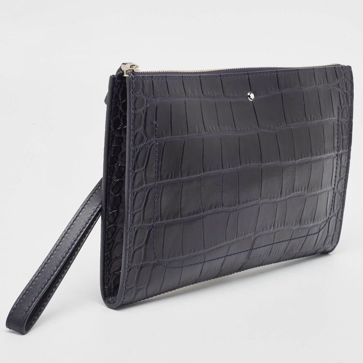 Pre Owned Montblanc Navy Blue Croc Embossed Leather Meisterstuck Zip Wristlet Pouch