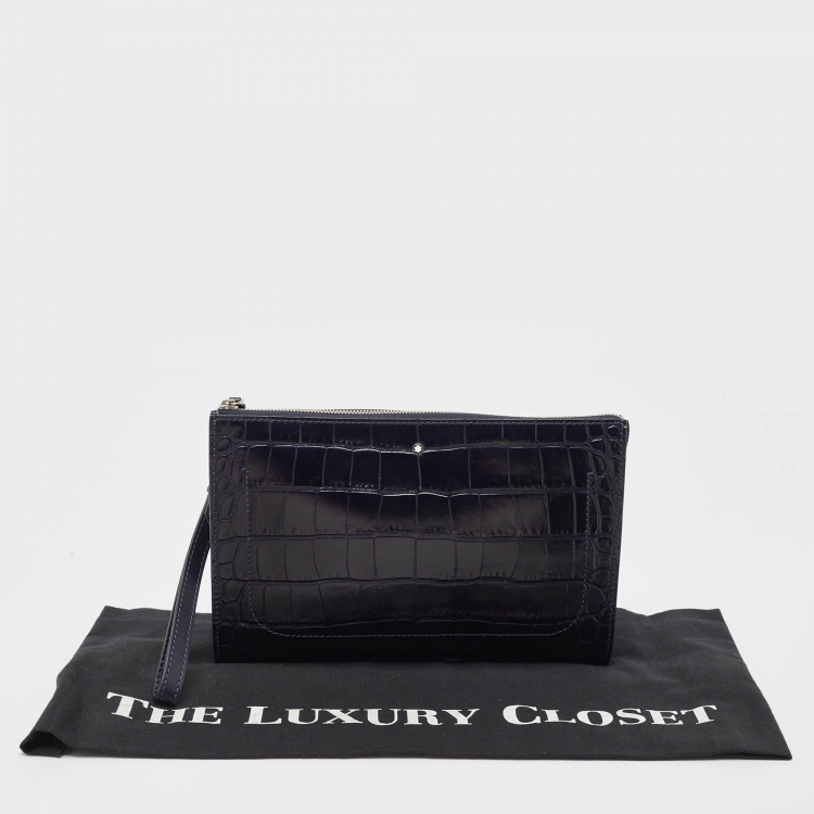 Pre Owned Montblanc Navy Blue Croc Embossed Leather Meisterstuck Zip Wristlet Pouch