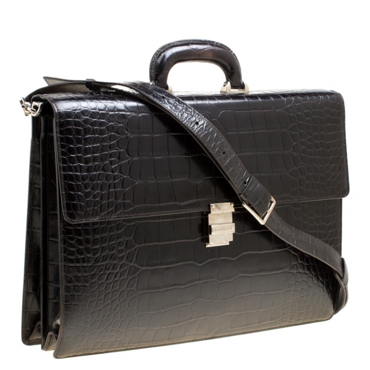 Pre Owned Montblanc Black Alligator Embossed Leather Double Gusset Briefcase