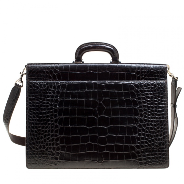 Pre Owned Montblanc Black Alligator Embossed Leather Double Gusset Briefcase
