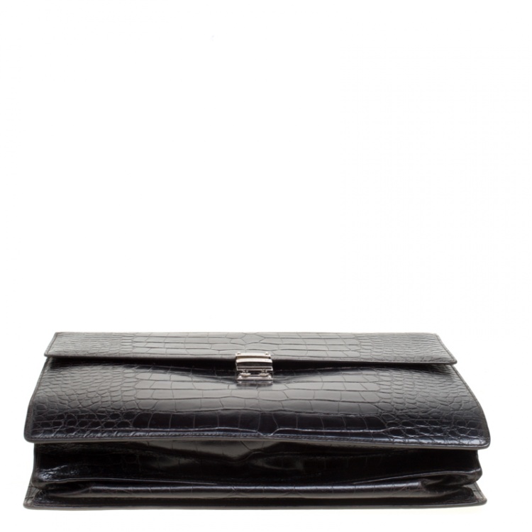 Pre Owned Montblanc Black Alligator Embossed Leather Double Gusset Briefcase