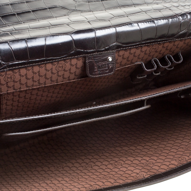 Pre Owned Montblanc Black Alligator Embossed Leather Double Gusset Briefcase