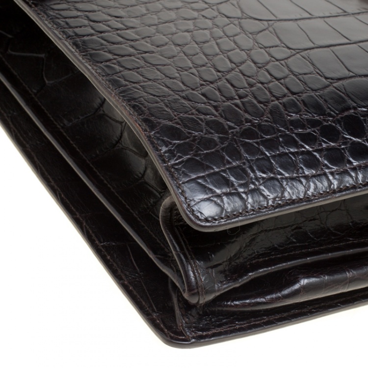 Pre Owned Montblanc Black Alligator Embossed Leather Double Gusset Briefcase