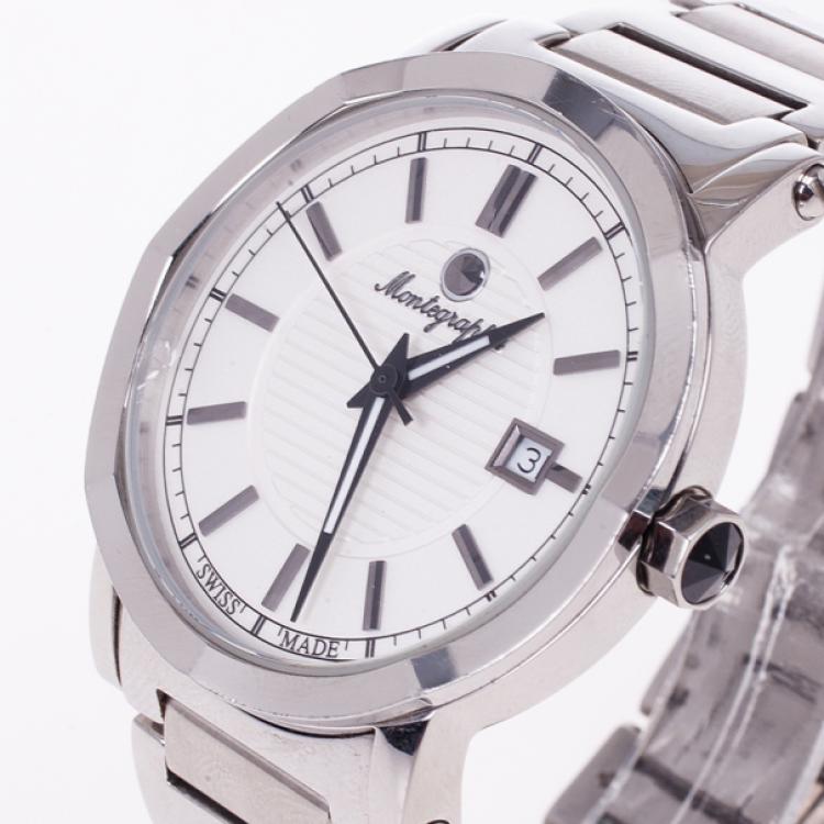 Pre Owned Montegrappa White Stainless Steel Parola Men's Wristwatch 40MM