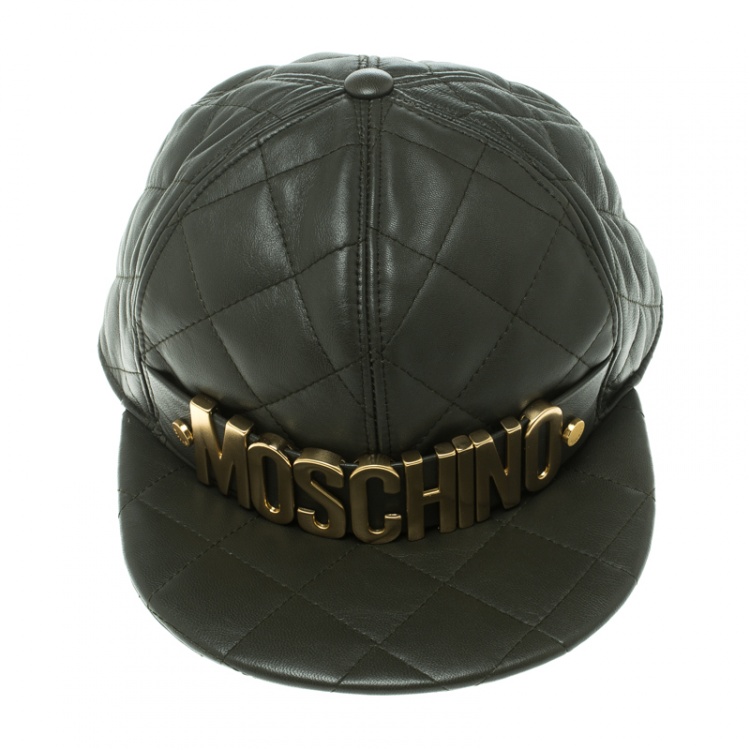 Pre Owned Moschino Fatigue Green Quilted Leather Lettering Cap M
