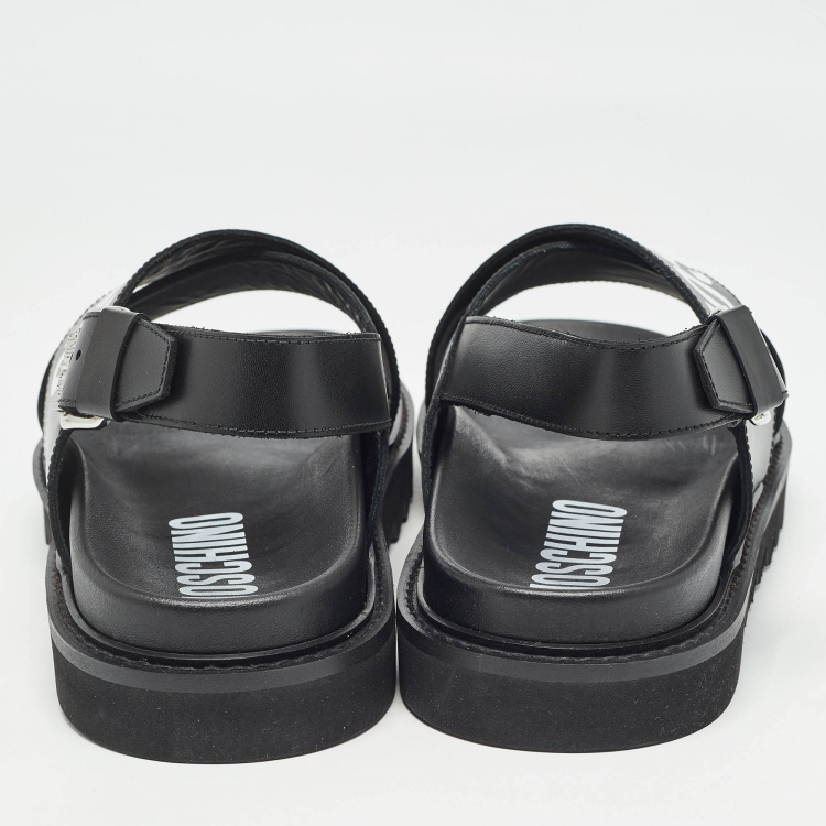 Pre Owned Moschino Black Leather Logo Crisscross Flat Sandals Size 45