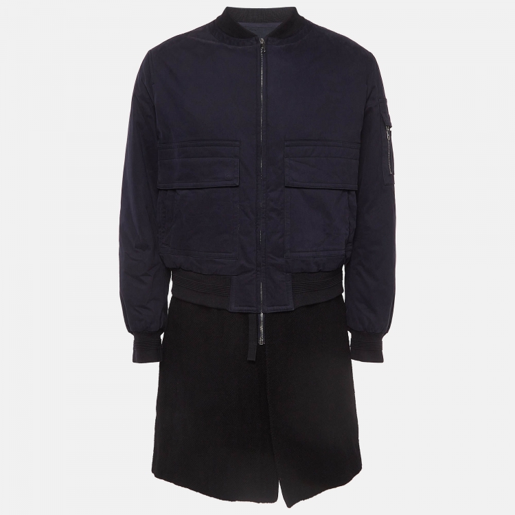 Pre Owned Neil Barrett Navy And Black Virgin Wool Layered Long Coat L