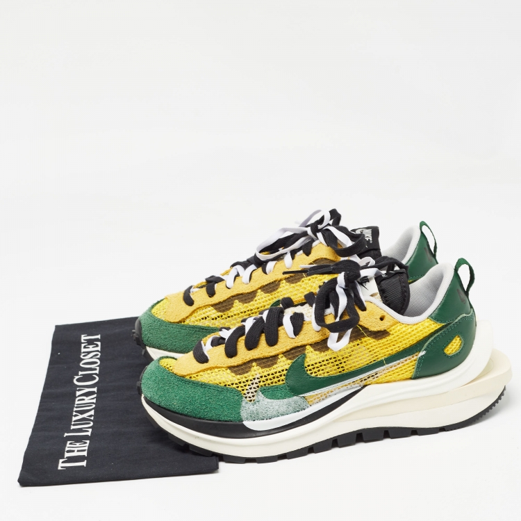 Pre Owned Nike x Sacai Green/Yellow Mesh and Suede Vaporwaffle Sneakers Size 40.5