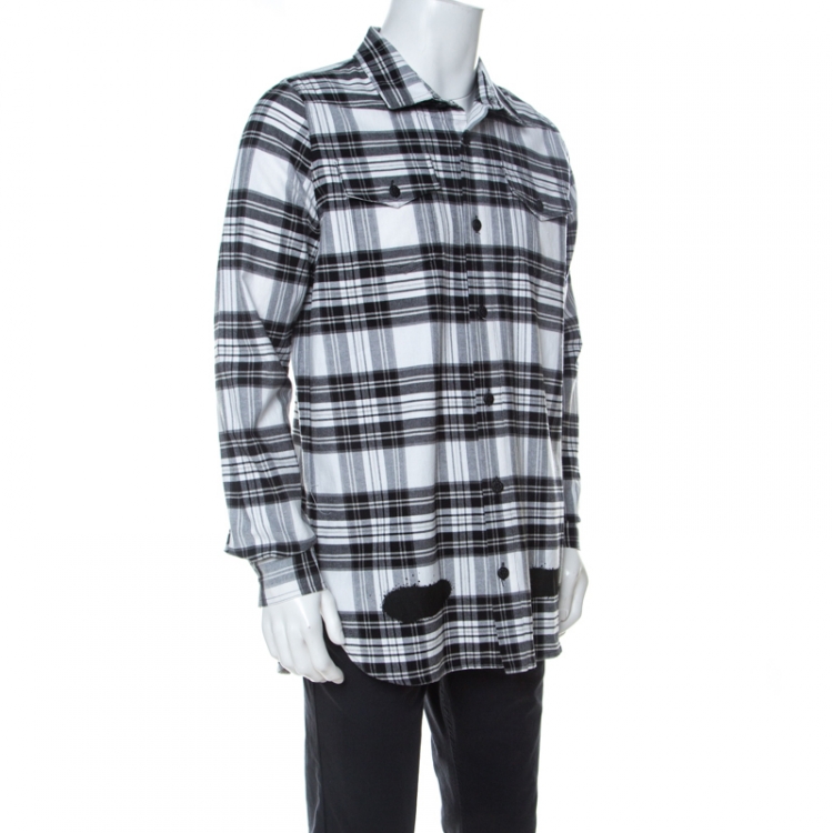 Pre Owned Off White Monochrome Checked Cotton Spray Paint Detail Shirt S