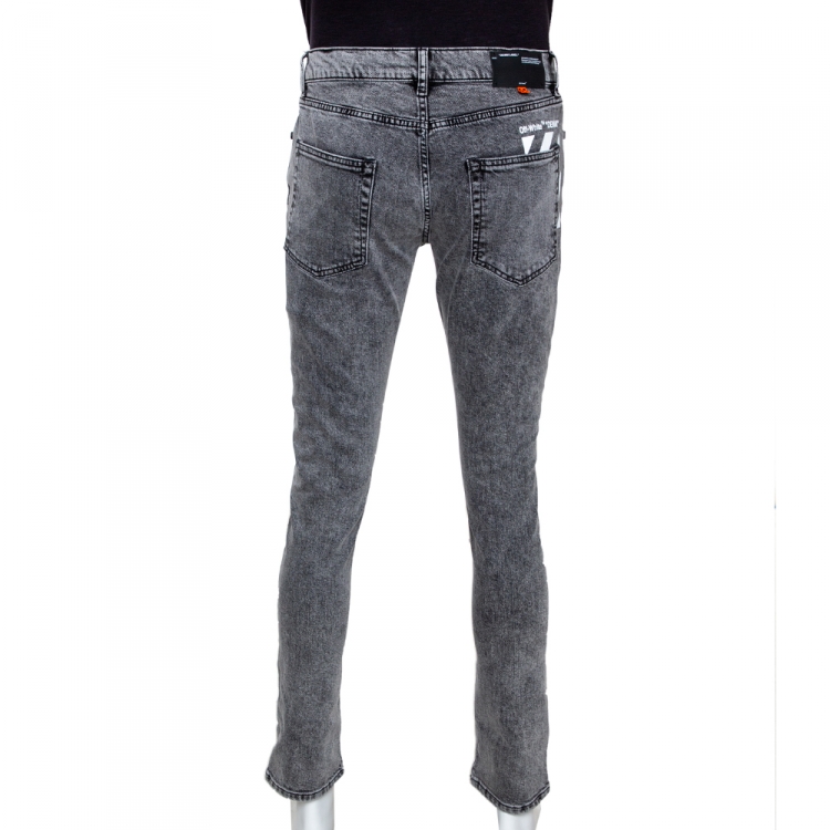 Pre Owned Off White Grey Logo Print Acid Washed Denim Skinny Jeans M