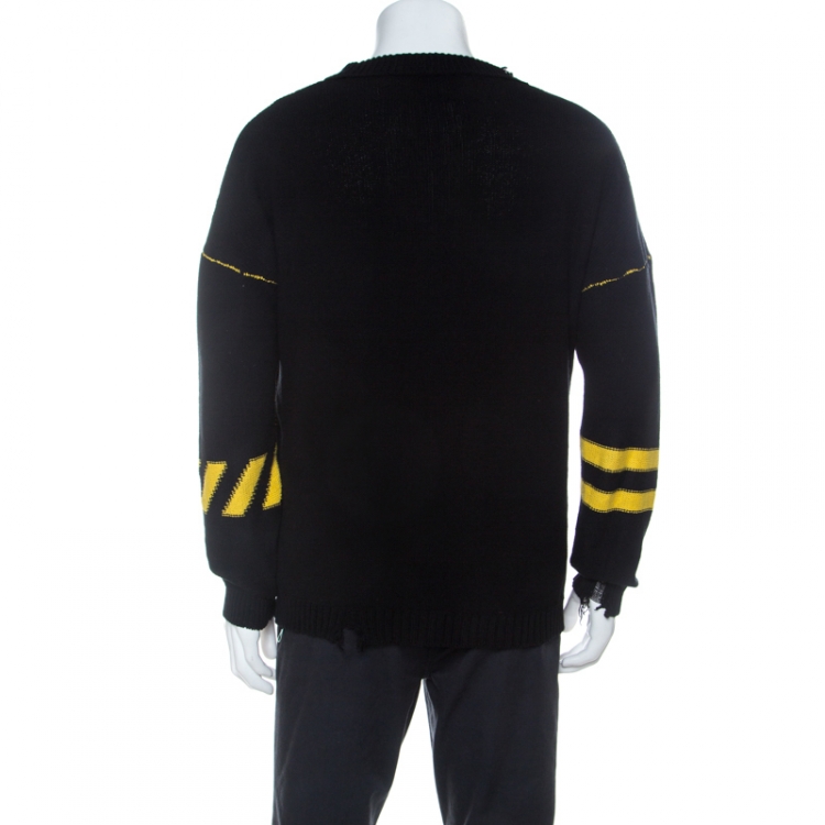 Pre Owned Off White Black Logo Intarsia Knit Cotton Distressed Jumper S